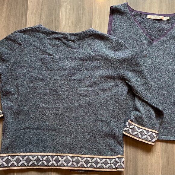 Purplish blue sleeveless top & cardigan with beaded embroidery/faux fur collar - Picture 7 of 14